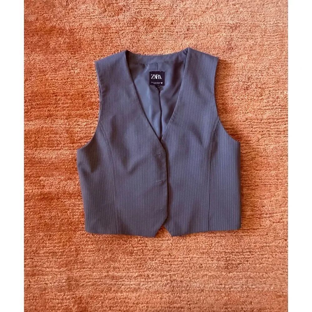 ZARA Pinstripe Vest S | Tailored Grey Waistcoat with Hidden Button Closure